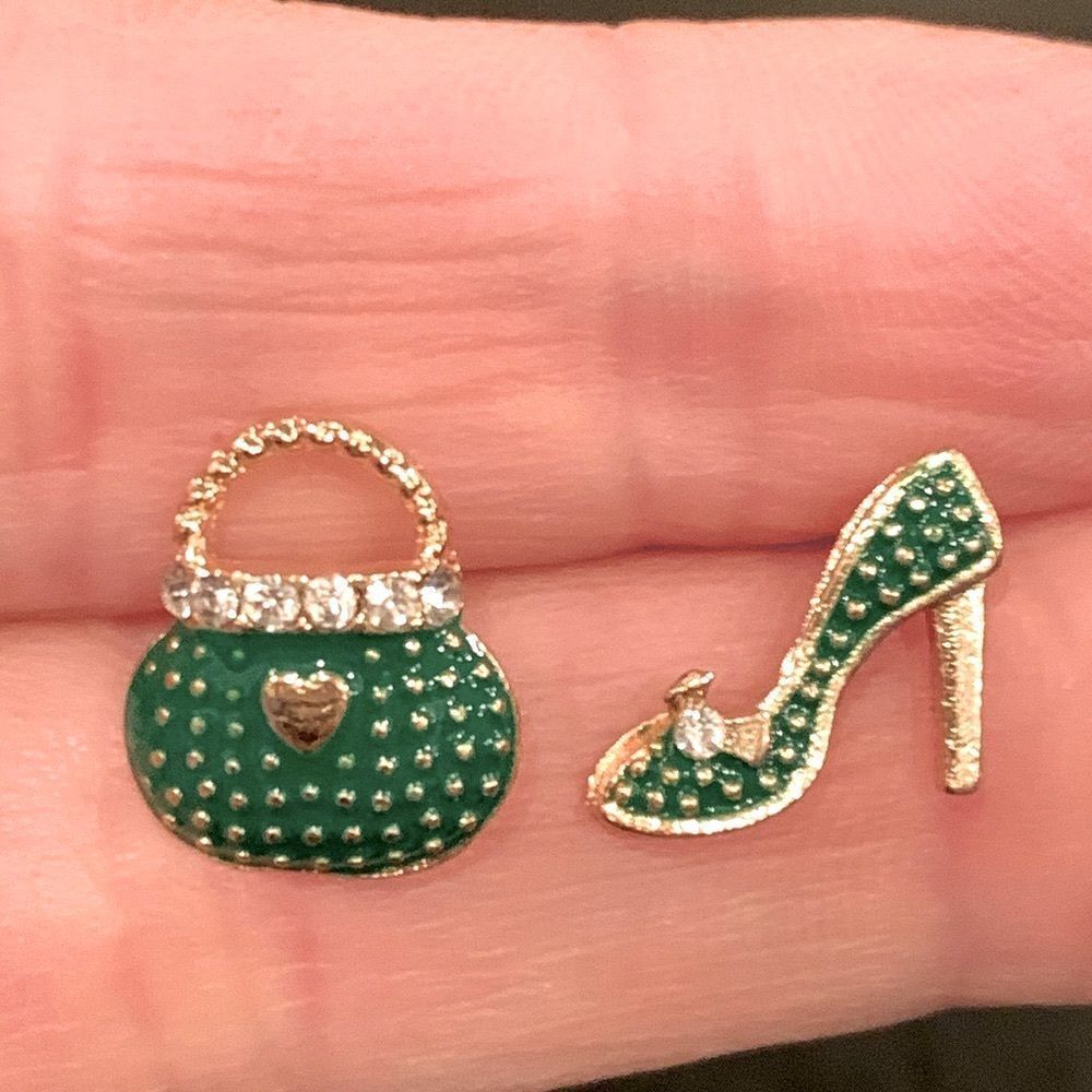 Mismatched Green Stiletto & Handbag Studs - Gold Tone Pavé Fashion Earrings